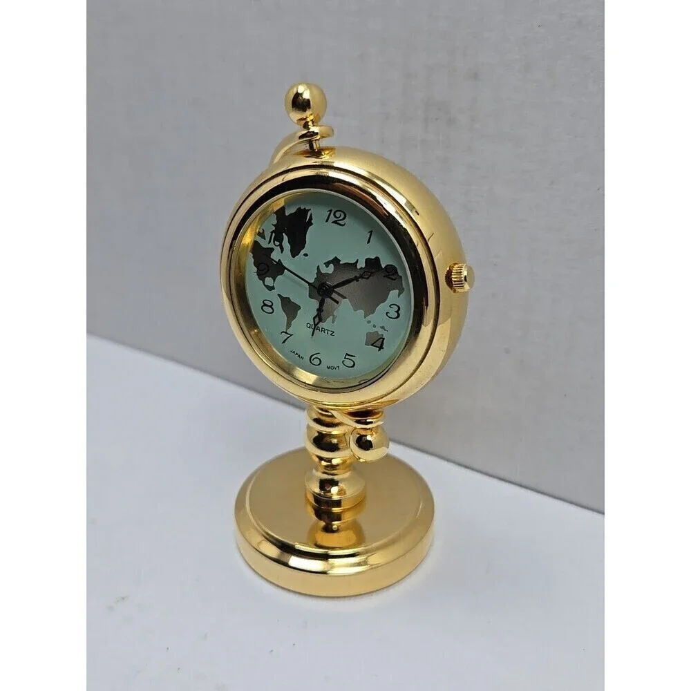 Miniature Gold World Map Desk Clock Quartz Japan Movt New Battery Working Gimbal